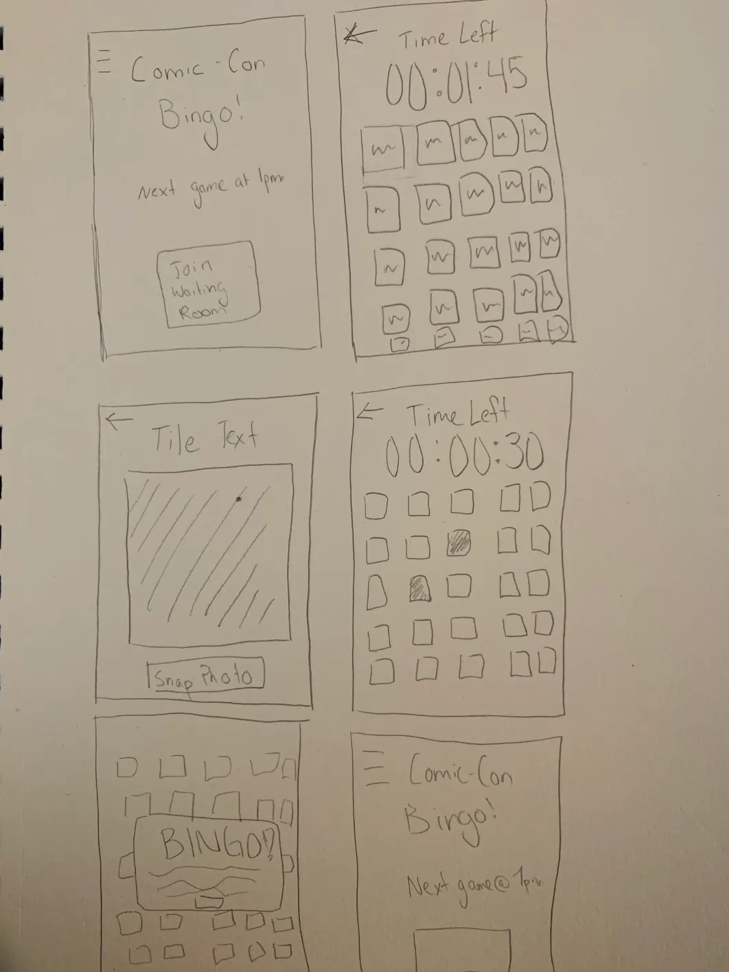 Early-stage lo-fi wireframe sketches