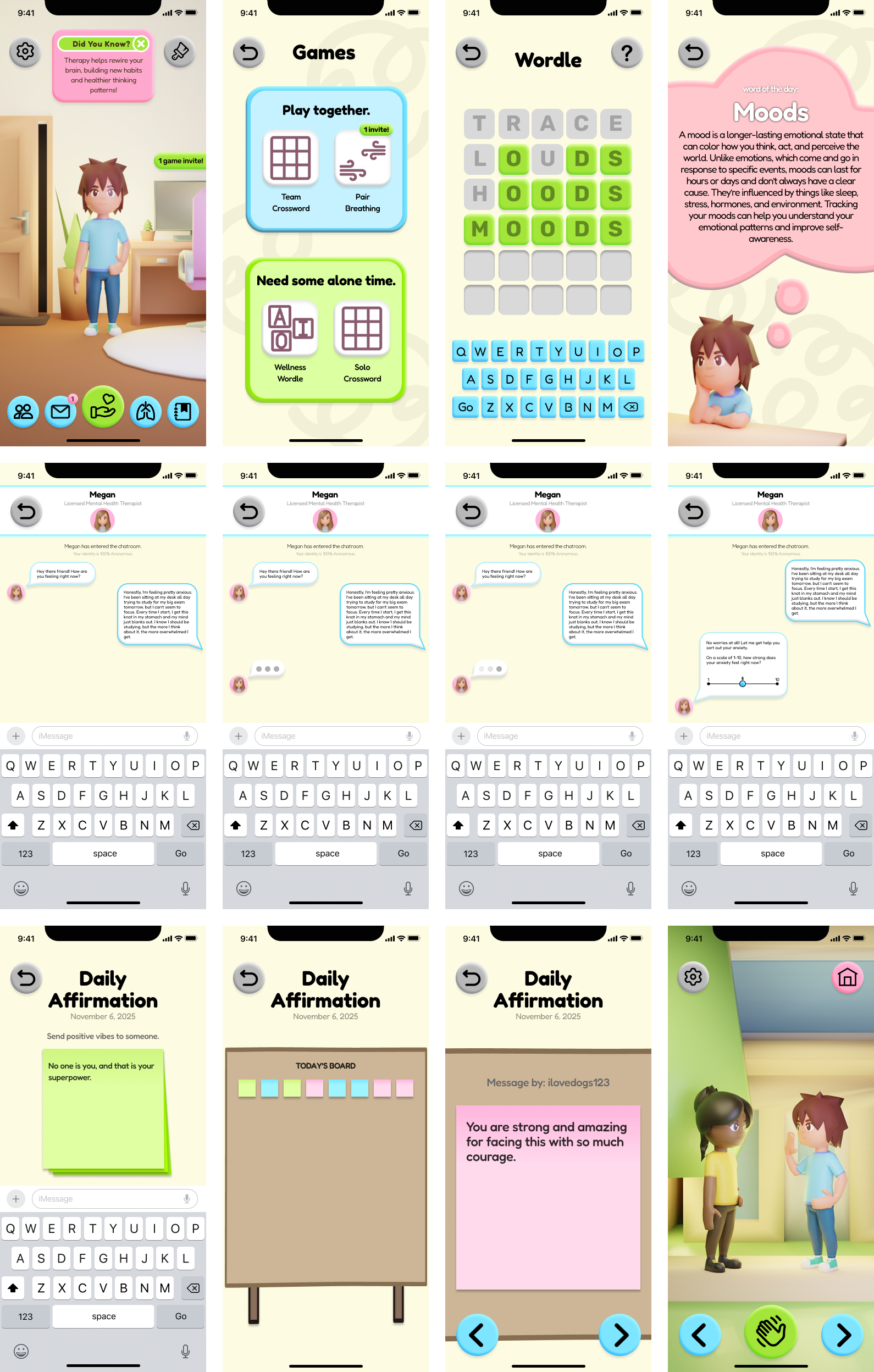 Cozy Corner final high-fidelity designs showing home ecosystem, therapy chat, and mini-games