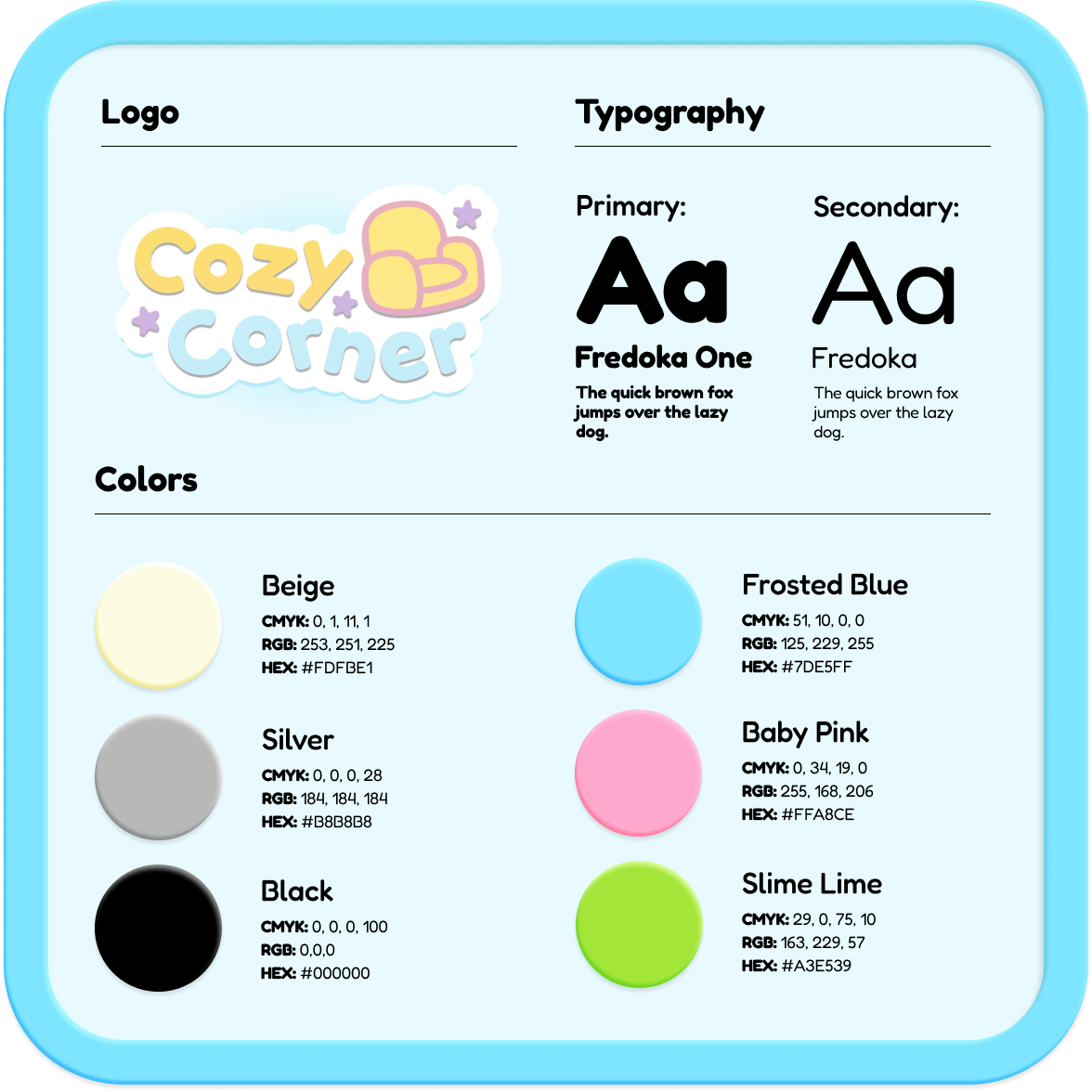 Cozy Corner style guide showing color palette, typography, and logo