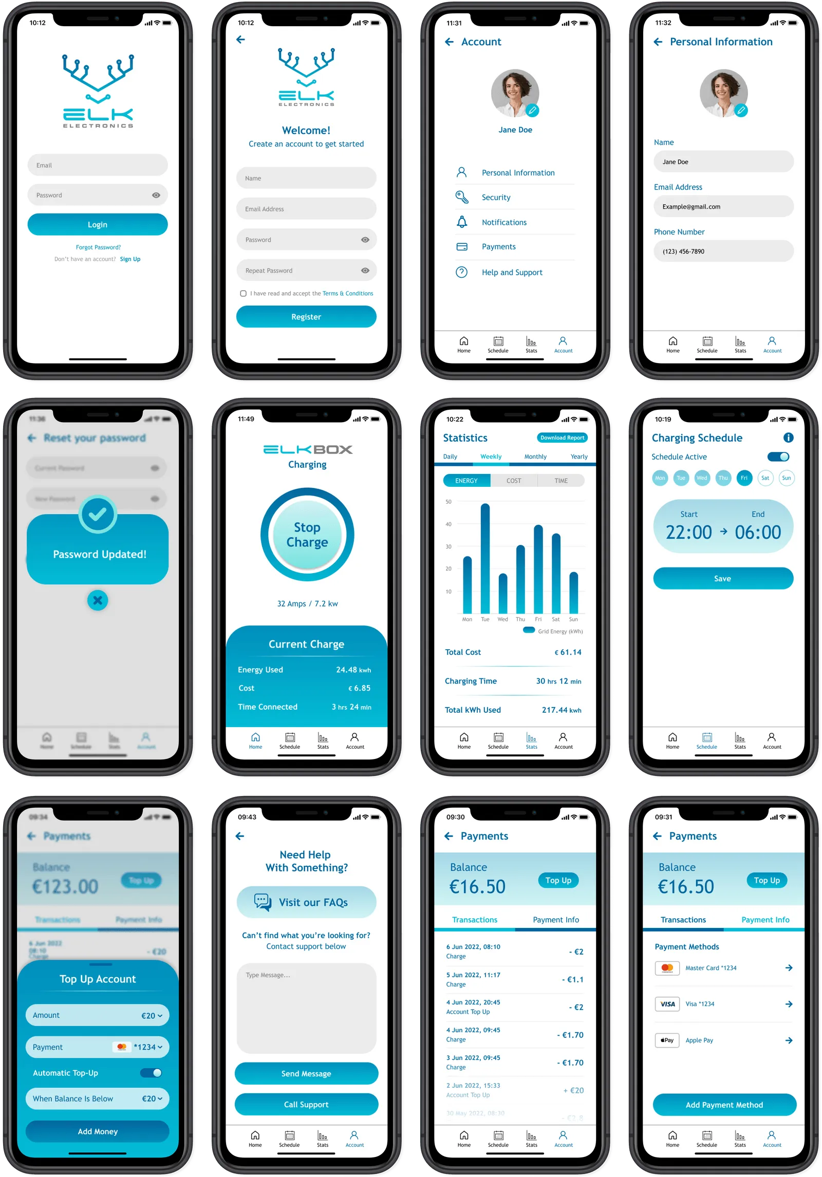 iPhone mockups of 12 mobile app screens