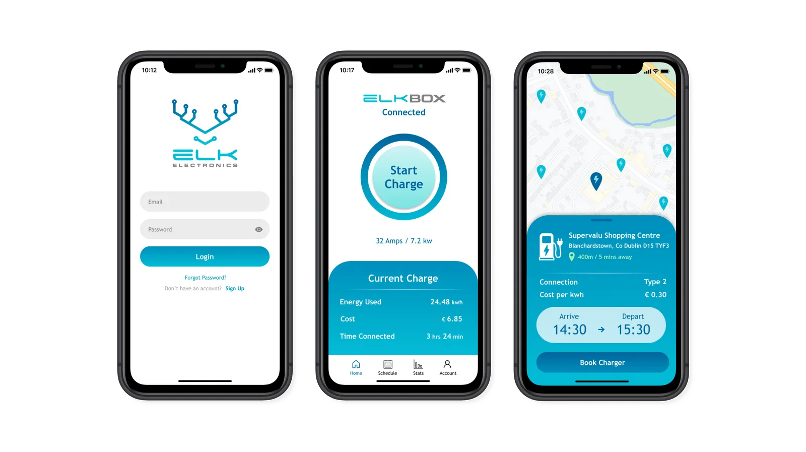 iPhone mockups of 3 mobile app screens